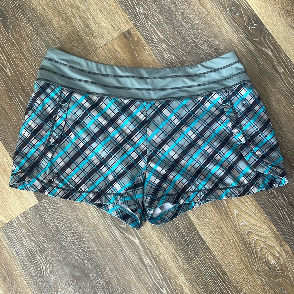 Athleta Run With It shorts in blue diagonal plaid